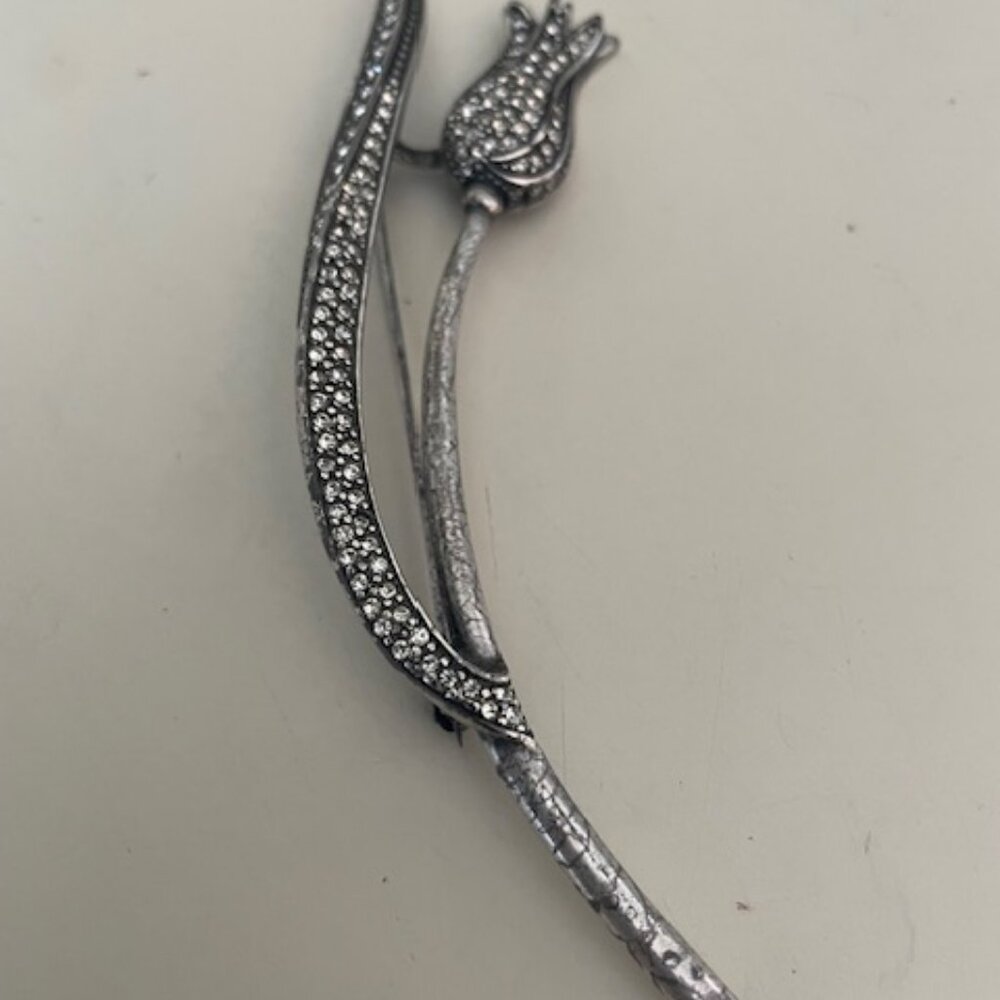 VINTAGE DIOR BROOCH SILVER TONE TULIP FLOWER WITH PAVE CRYSTALS #0162 Signed